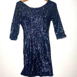 Lulus Blue Sequin Mini Dress Half Sleeve‎ Boat Neck Cocktail Night Out Sz S